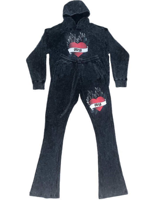 “FEELING GROOVY” charcoal sweatsuit with signature “0018” heart logo