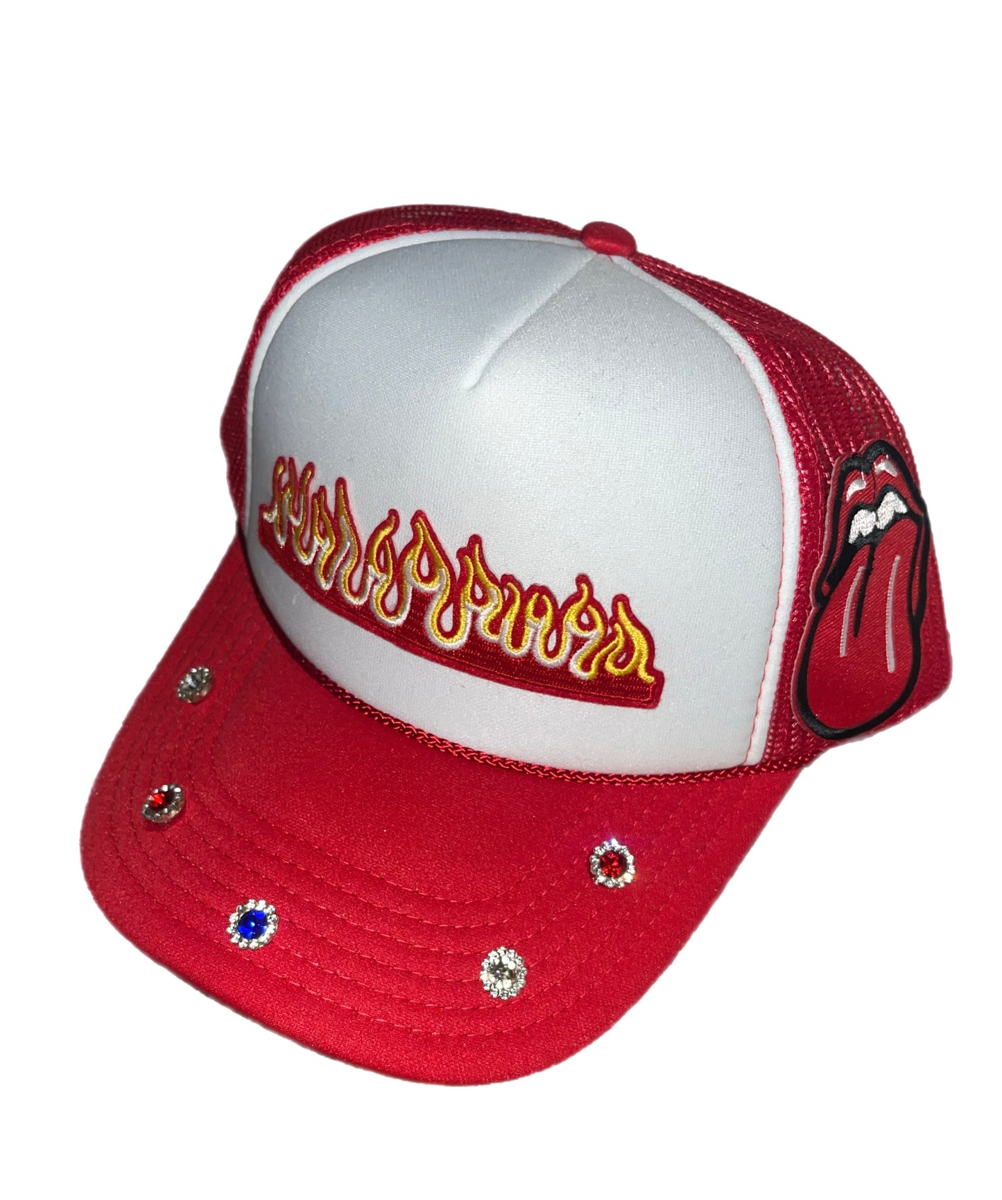 “MR. HOT STUFF” 1of1 custom Red&white trucker hat with bedazzles