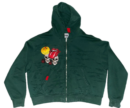 “GREEN GOBLIN” 1of1 forest green distressed zip up jacket