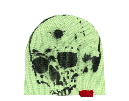 “DR. SKELETON” lime green skull cap with black skeleton painted on front and back